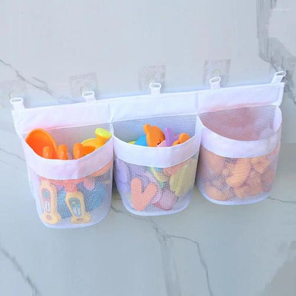 Stume da stoccaggio bagno per bambini organizzatore di scaffali giocattolo per sapone shampoo sacchetto a maglie traspirante con tre tasche da bagno per bambini