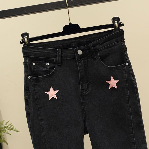 PLUS TAMANHO L-5XL Jeans preto Eastic para mulheres High Star Borderyer Pants Feminino Y2K FARED TRUSTERS ROUNHAS 2023 NOVO