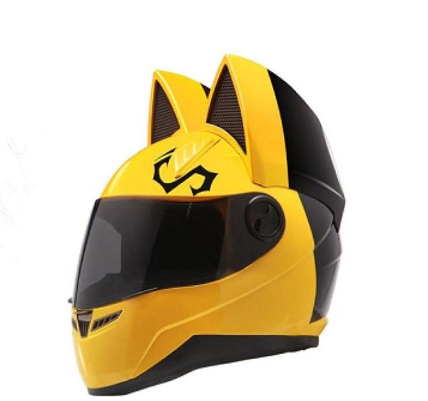 Nitrinos Motorradhelm Vollgesicht mit Katzenohren gelbe Farbe Persönlichkeit Katzenhelm Fashion Motorrad Helm Größe M lxl xxl7078675