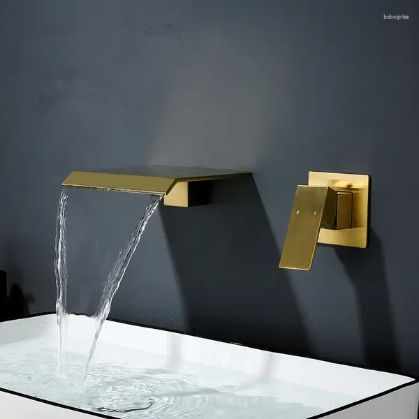 Rubinetti del lavandino da bagno rubinetto del bacino di rame tipo cascata fredda miscelatore in ottone in ottone toccata singola maniglia a due fori oro spazzolato/nero