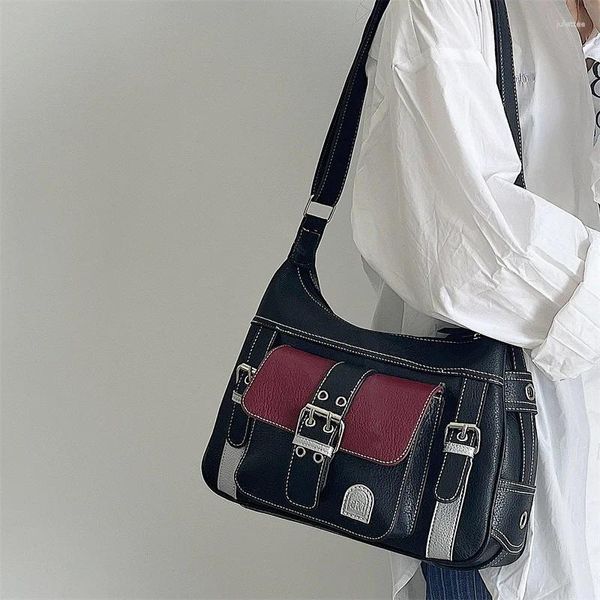 Bolsas noturnas 2024 meninas Retro Contrast Color Color Mulheres Messenger Bag Trendy Ladies Cool Pu Tote bolsa Bolsas