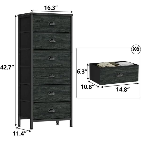 Furnulem Dresser vertical para quarto com 6 gavetas, cômodas altas, torre de organizador de armazenamento preto para armário, escritório