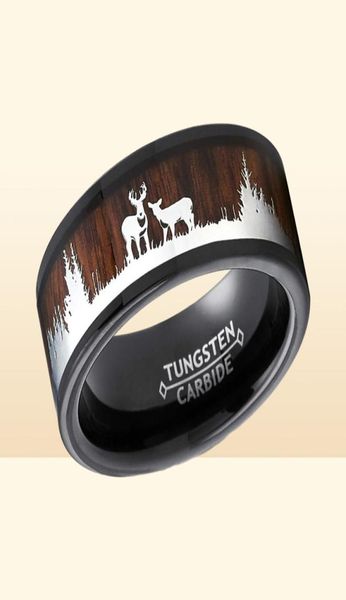 Anéis de casamento 8mm de tungstênio preto tungstênio homens anel koa madeira embutido veado veado caça silhueta banda de moda jóias para man4874376
