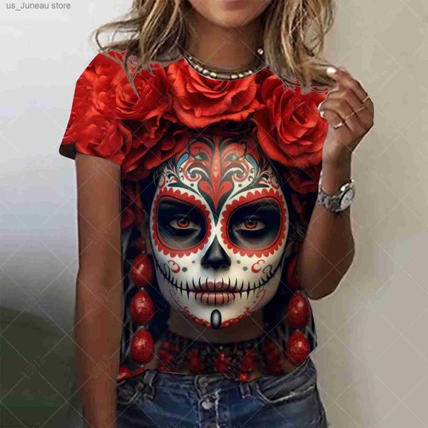 T-shirt feminina camiseta feminina para meninas verão curto moda moda casual garotas roupas de horror de terror padrão de caveira