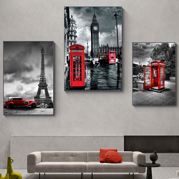 Moderne Paris City Street Landschaft Poster Print für Wohnzimmer Wohnkultur Großbritannien rote Telefonkiste Leinwand Malkunst Malkunst