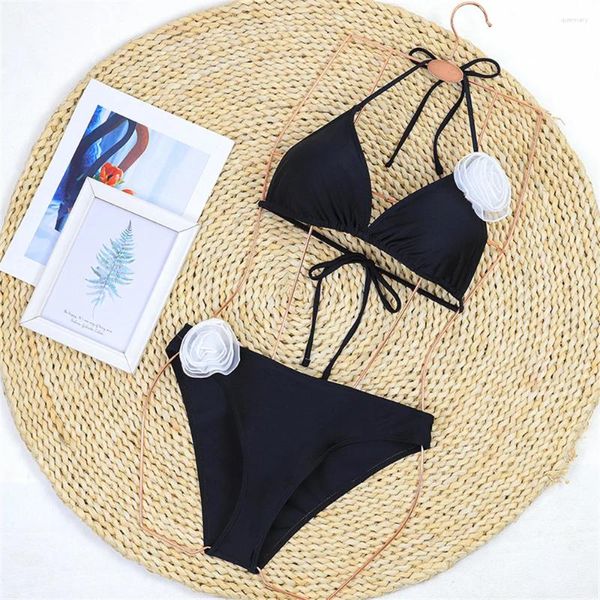Frauen Badebekleidung schwarz sexy Triangle Bikini Tanga Badeanzug 3D Blumenschnur Rückenfreie Frauen zweiteiliger Blumenstrand Brasilianer Badeanzug