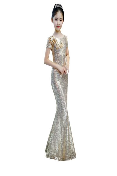 2022 Şampanya Sequins Denizkızı Pageant Partisi Elbiseler Kısa Kollu Gençler Altın Aplike Diamonds Kızlar Özel Durum Dress2862116