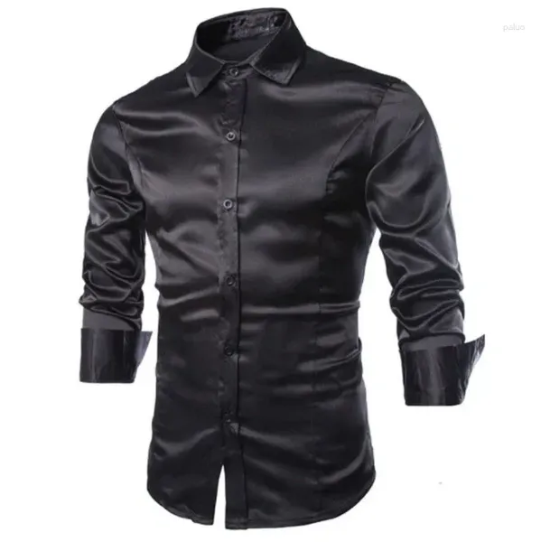 Camisas casuais masculinas 2024 Chegada masculina Camisa de seda de seda comprida manga longa Men fit Men Button Button para baixo