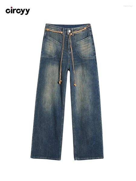 Jeans femininos Blue Mulheres de cintura alta outono 2024 bolsos de comprimento total calça de jeans larga moda de faixa vintage as calças de perna larga