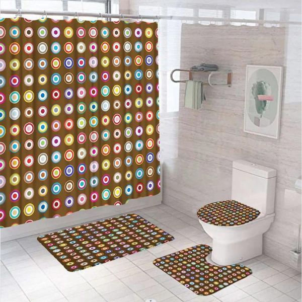 Cortinas de chuveiro colorido conjunto de cortinas de bolinhas de círculo geométrico abstrato de banheiro marrom moderno banheiro não deslizamento tampa do banheiro de banho