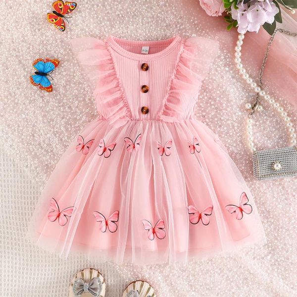 Девушка платья фокусировки 3 цвета летние детские девочки принцесса платье 0-4y рюша рукавица кнопка фронта 3d бабочка вечеринка