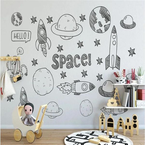 Papéis de parede MILOFI Custom grande papel de parede mural 3d minimalista desenhado universo espacial rocket line desenhando fundo