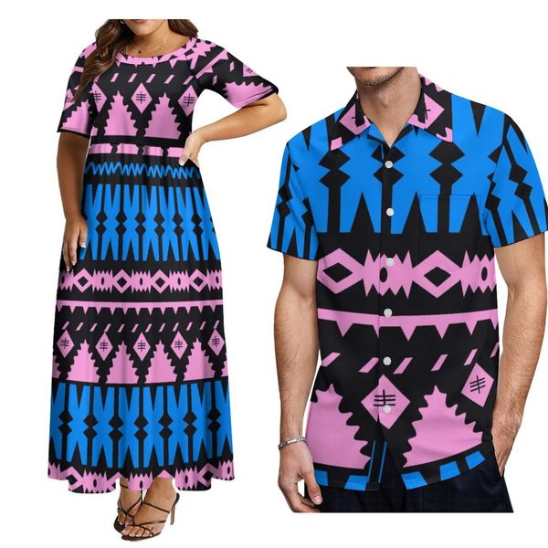 Vestido de manga curta feminina de verão Hawaii Polynesian Ethnic Design Mens Aloha Casal Casal de Casal 240412
