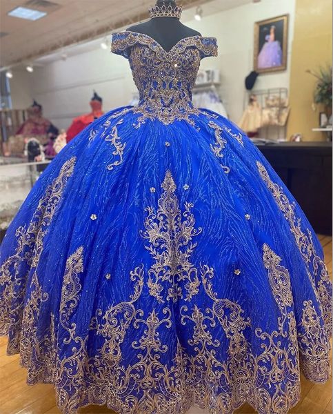 Vestidos de ouro azul royal de Anos, vestido doce inchado do ombro, vestidos de bola Quinceanera