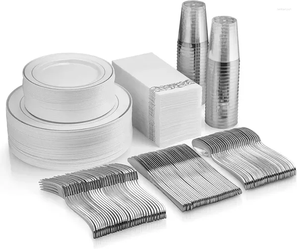 Loucaria de jantar descartável 350 Placas de aro de prata - Copas de plástico de talheres linho como guardanapos de papel