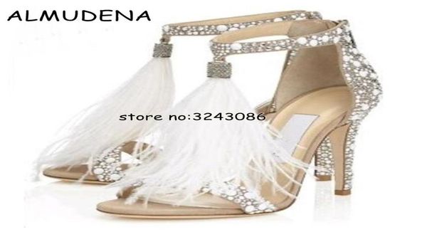 Модные хрустальные украшенные белыми сандалиями на высоком каблуке с свадебной обуви для женщин с пером с каблуком для женщин 7294351