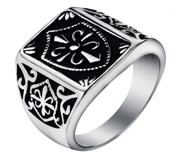 Модный золотой цвет Fleur de Lis Shield Ring Men's Silver-Color Crest Signet Кольцо из нержавеющей стали Biker Size Размер 7-1418876973