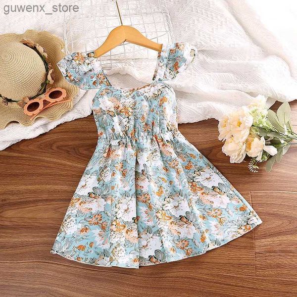 Mädchenkleider Kleider Kinder Mädchen 4-7 Jahre himmelblau florale Neckholderkleid für kleine Mädchen pastoraler Stil Sommer Baby Mädchen Blumenkleider Y240412