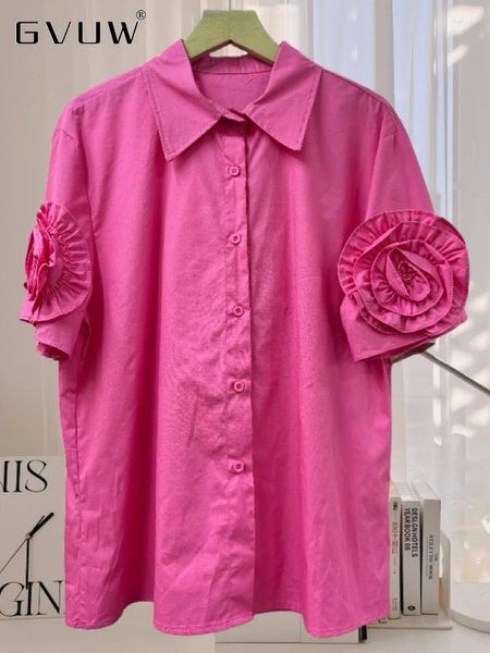 Blouses feminina GVUW Moda plissada 3D Flores camisa Mulheres lapela de manga curta cor de cor sólida fora de nicho de nicho 2024 Roupas de verão 17G5809