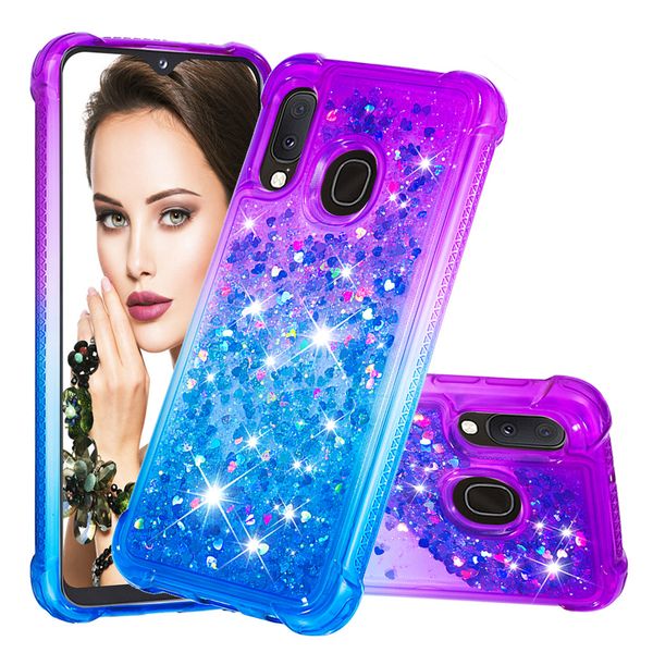 Caixa de telefone glitter para fundos samsung galaxy a20e sm-a202 A10E Casos bling bling shiny líquido dinâmico líquido e tampa traseira macia