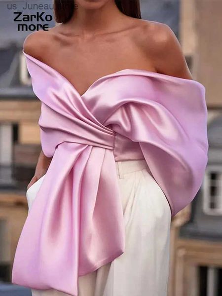 Frauen Tanks Camis Fashion Bow Satin unregelmäßig Frauen Top V-Ausschnitt Rückenless Ladys Short Tops 2024 Frühlings Sommer Neu elegante weibliche Kleidung T240412