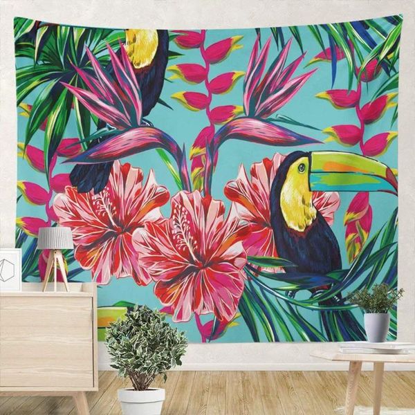 Taquestres Toucan Birds Tapestry Plantas tropicais Plantas selvagens Decoração de parede exótica para quarto da sala