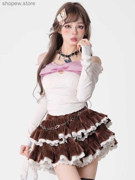 Saias marrom veludo de velha de velha de veludo doce saia feminina bolo de bolo de bordas de borda lolita gothic y2k American Spicy Girl