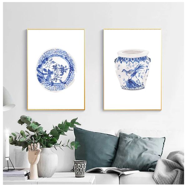 WaterColor Chinoiserie Vasi Stampe Ming porcellana blu e bianca Cina arte tela dipinto di poster arte orientale decorazione artistica