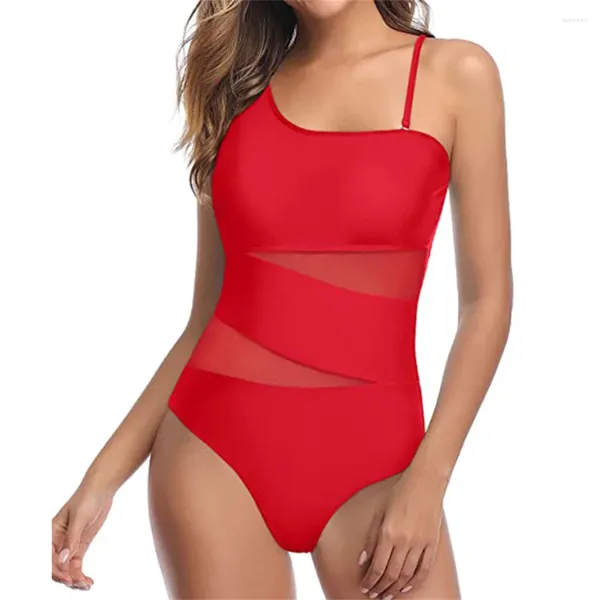 Costumi da bagno femminile bikini rosso sexy mesh giuntura monokini alta vita vedi attraverso costume da bagno push up women un abito da bagno in una spiaggia in una spiaggia 2024