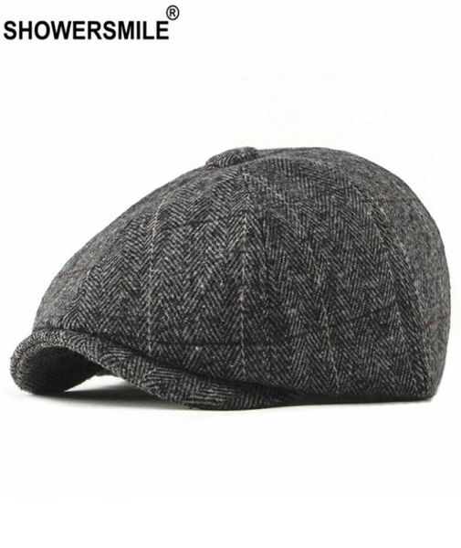 Sboy Hats Sboy Dusche Tweed Cap Men Wolle Fischgramm flach wintergrau gestreifter männlicher britischer Stil Gatsby Hut verstellbar5405030