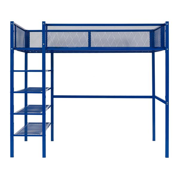 Kreatives blaues Doppelgröße Metall-Loft-Bett, modernes Bett mit 4-stufigen Regalen und Lagerung, hohe Qualität, für Jugendliche, Kinder Schlafzimmer