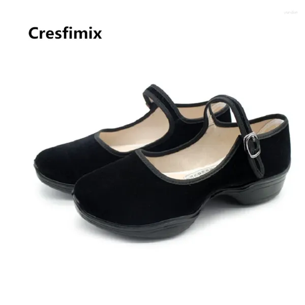 Lässige Schuhe Cresfimix Frauen Mode hochwertige schwarze Stoff weibliche süße El -Arbeit Lady Retro Street Dance C3413