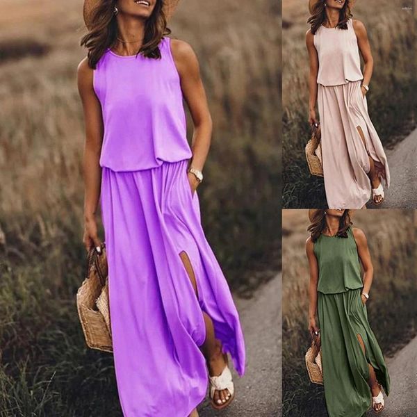 Abiti casual donna senza maniche estate pavimento lunghezza fluido colore solido in vita alta con tasche o collo pieghe maxi