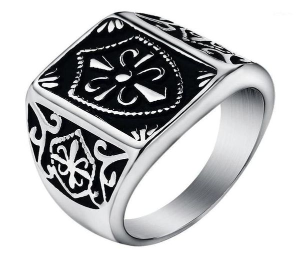 Модный золотой цвет Fleur de Lis Shield Ring Men's Silver-Color Crest Signet Кольцо из нержавеющей стали Biker Size Размер 7-1419458185