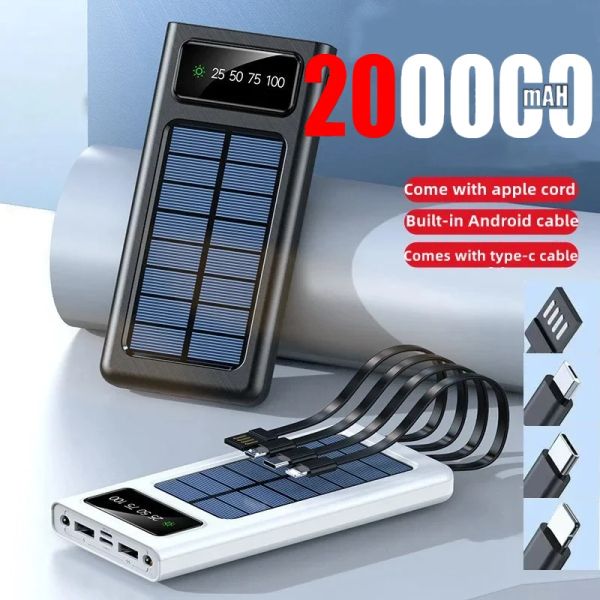 Bankalar 200000mAH Top Solar Güç Bankası Yapılı Kablolar Güneş Şarj Cihazı Portları Harici Şarj Cihazı Xiaomi için Powerbank LED Işık