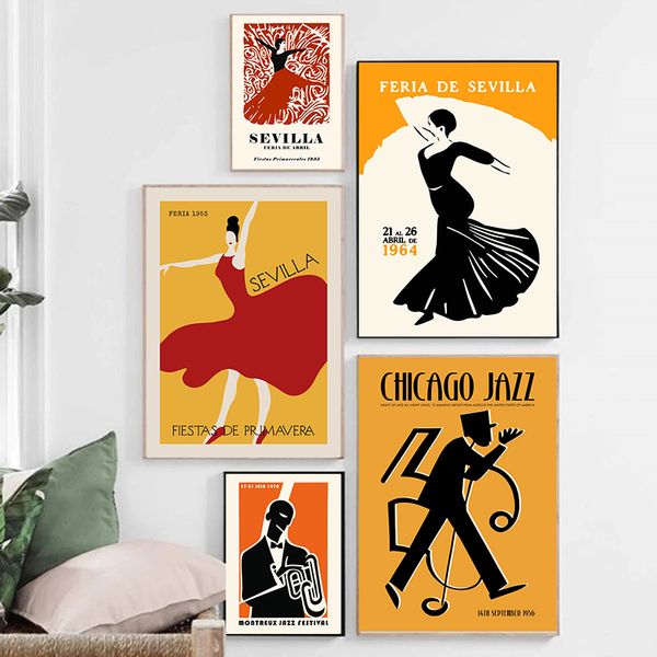 Vintage Spagna Jazz Music Festivals Dance Art Poster ballerino tela di pittura Stampe murali Immagine soggiorno decorazioni per la casa cuasros