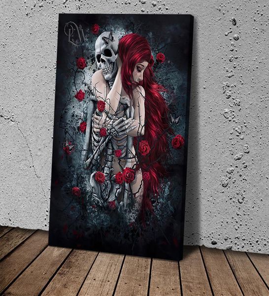 Lona impressa na parede de arte pintura arte de arte gótica de cabelos vermelhos com esqueleto de crânio para decoração da casa da sala de estar 4453083