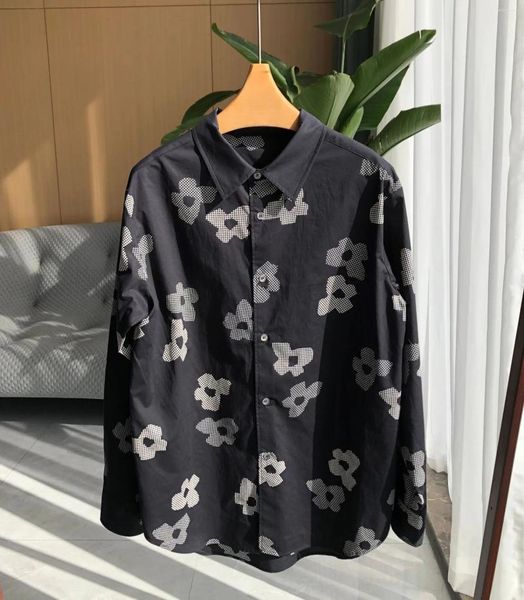 Blusas femininas, senhoras, preto contraste preto impressão de flores de algodão de manga comprida camisa de blusa de lapela