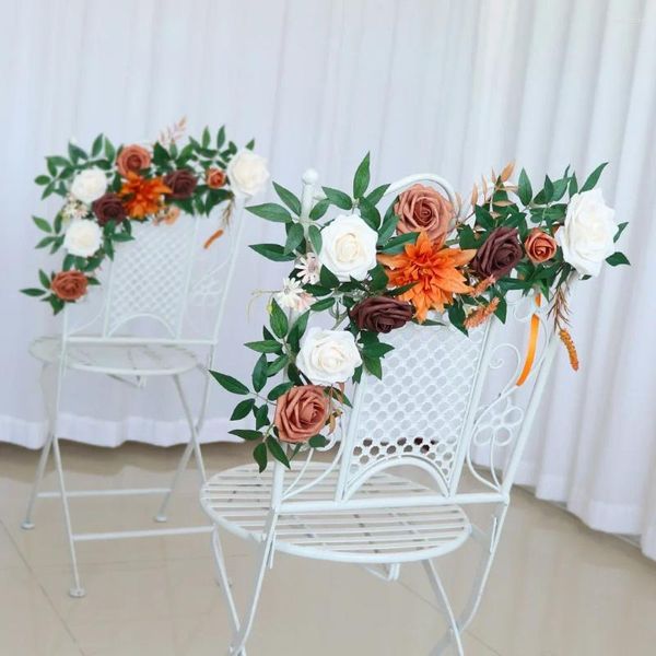 Flores decorativas Cadeira de casamento Decoração de flores Artificial rústico com fita Casta colorida para festa