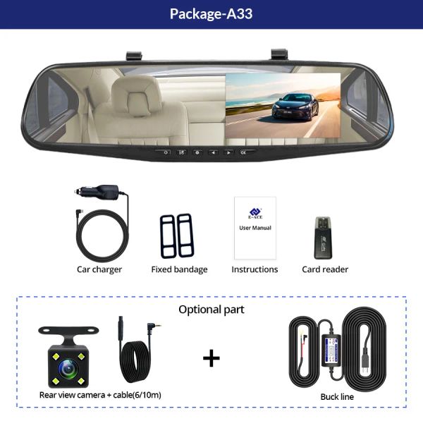 E-ACE CAR DVR Mirror Dash Cam 4,3 polegadas Mirror de vista traseira FHD 1080P Auto Dashcam Registrador de vídeo GSENSOR BLACK Caixa Black