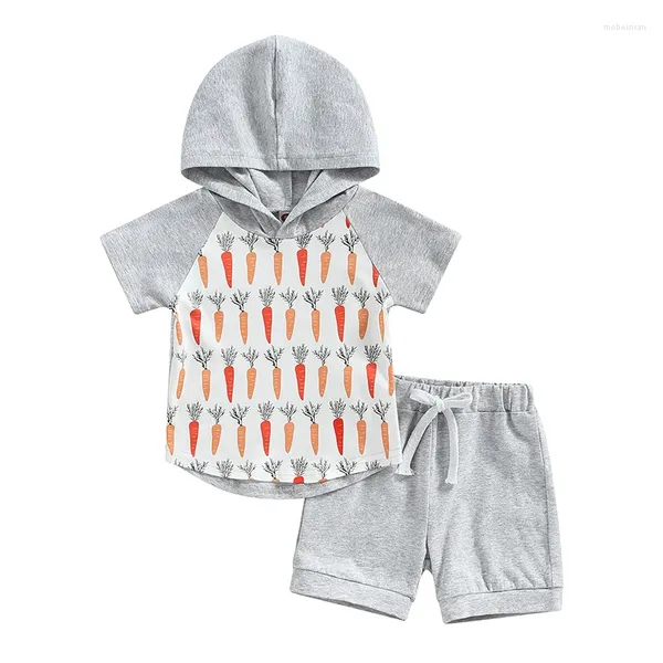 Giyim Setleri Bebek Erkek Şort Set Havuç Baskı Kapşonlu Tişört Elastik Bel Yaz Kıyafet