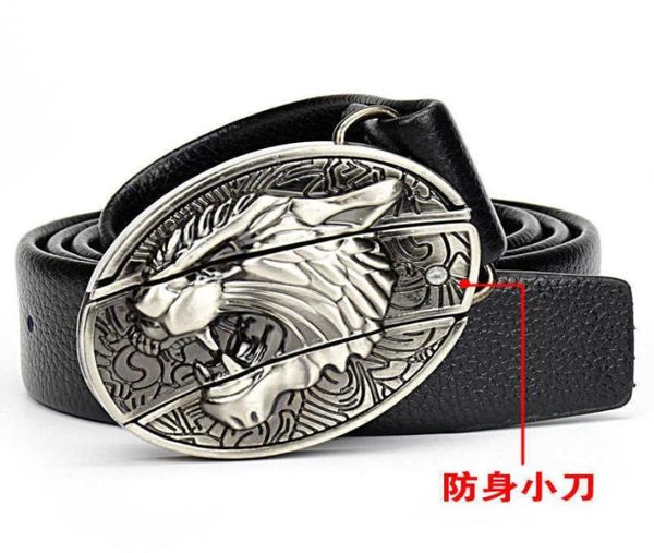 MEN039S BEILE FODELEDER Punk Jeans Persönlichkeit Belt Outdoor Selbstverteidigungsmesser glatte Schnalle Gürtel8875315