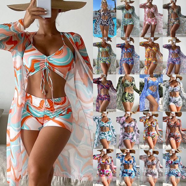 2024 Europäischer und amerikanischer Schwimmanzug Frauen geteiltes dreiteiliger Set hoher Taille Langarm Instagram Cover Up Net Draw String Set