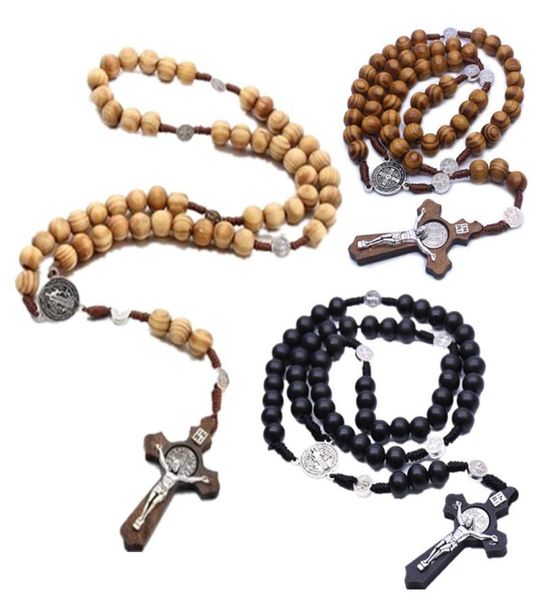 Подвесные ожерелья Три цвета модные деревянные католические розарии Иисус бисера, бусинки ручной работы, круглый ожерелье Религиозное Объединение 6988155
