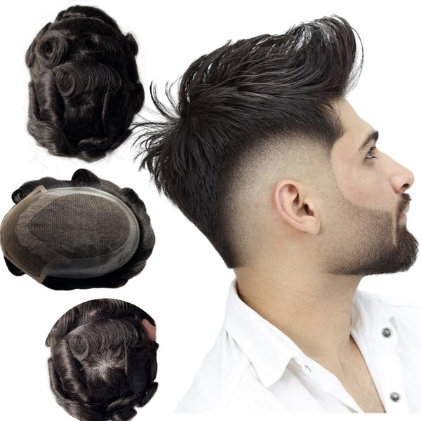 Европейская девственная человеческая волоса с черным цветом Oct Toupee 6x8 Передний кружок с блок -блок для белых мужчин