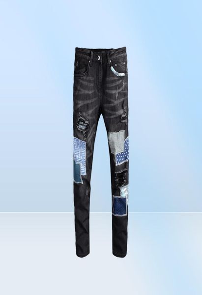 2019 Autumn Mens Ripped Patches Skinny Blue Jeans Designer Angusted Distrange Slim Fit Motorcycle Brive Burggar Hip Hop Denim PA2267776