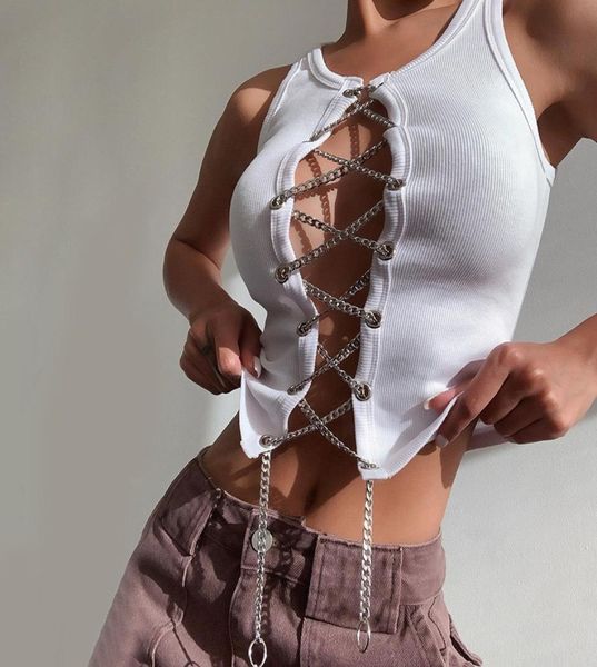 Sexy equipado hollow out metal lape up colrop top women streetwear preto tampa com nervura branca preto 8919576