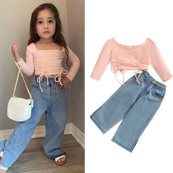 Calça focoNorm 15y Fashion Autumn infantil roupas de meninas conjuntos sólidos fora de ombro de manga longa camisetas de jeans calças jeans de jeans