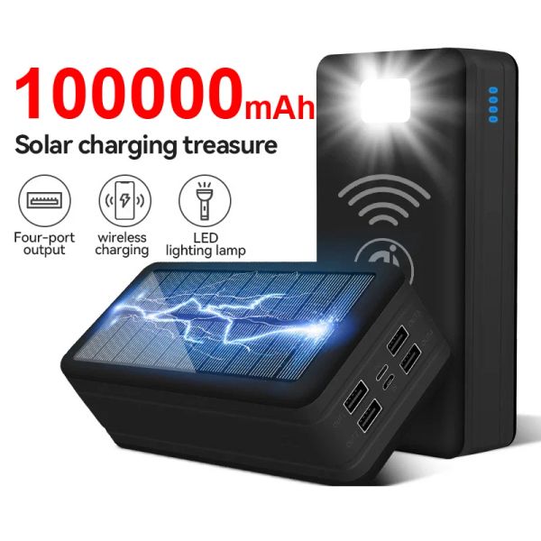 Bancos 100000mAh Solar Power Bank Charging Fast Charging Charging Phone Coberlo Coloque sem fio Bateria de bateria externa de grande capacidade