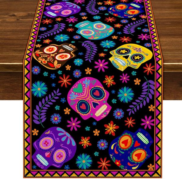 Dia do México da mesa de linho morto Runners Tabel Decor Decor Sugar Skull Dia de Los Muertos Tabel Runners Halloween Decoraion